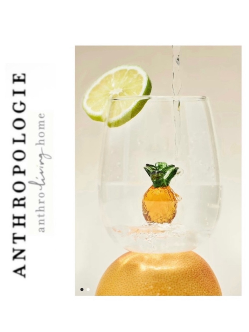 NWT (2) Anthropologie Cheerie Icon Stemless Wine Glass Pineapple Motif